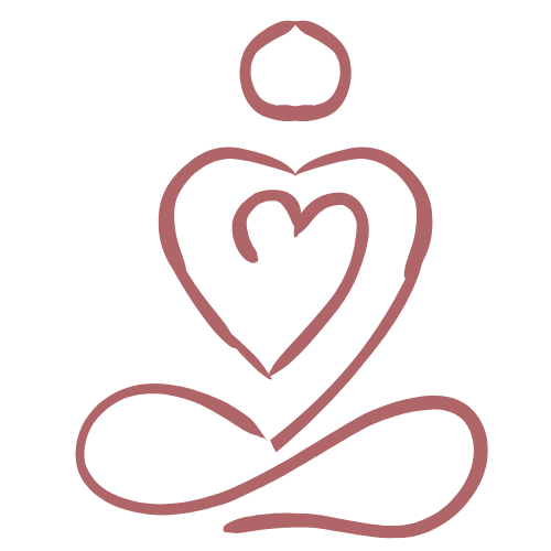 A simple rose coloured line drawing of a seated figure with a heart at its centre