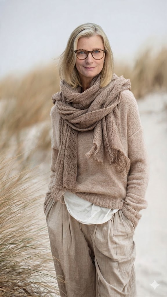 Laura Harvey standing outdoors near the water in a scarf
