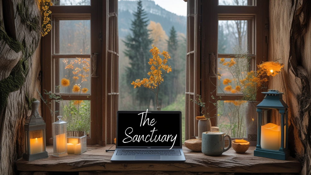 An atmospheric image representing The Sanctuary, with a laptop beside open windows and candlelight